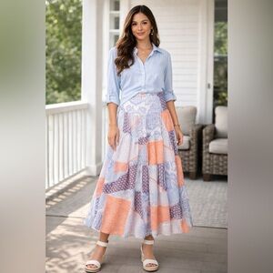 Tommy Hilfiger Patchwork Maxi Skirt – Blue & Red | Size 6 | NWT